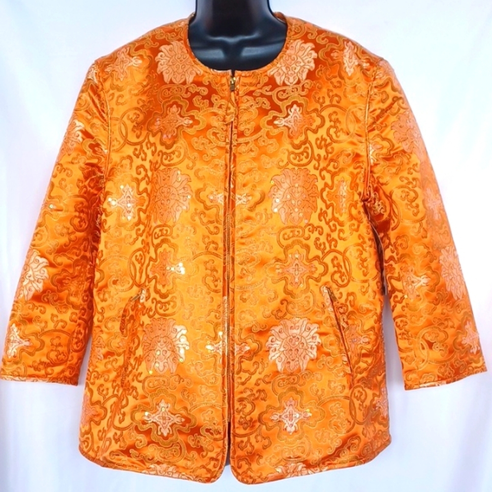 Redd Jeans Tangerine Satin Oriental Pttn Jacket Size 14, zip, 3/4 sleeve, sequin